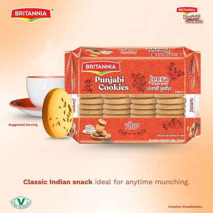Britannia Punjabi Jeera Eggless Cookies 500Gm | Traditional Indian Biscuits Savory Cumin Seed Flavor Crunchy Snack | Perfect with Tea or Coffee