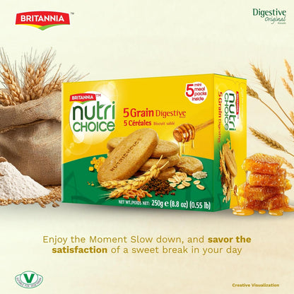 Britannia NutriChoice 5 Grain Biscuits Healthy Multigrain Snack High Fiber & Wholesome Ingredients Perfect Tea-Time or On-the-Go Treat 8.82oz (250g) (Pack of 1)