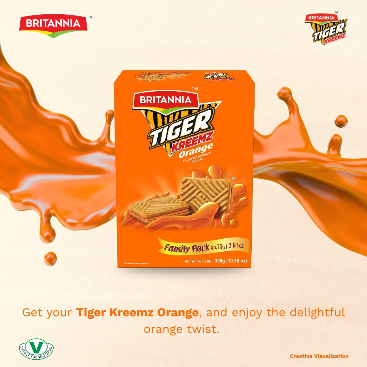 Britannia Tiger Kreemz Orange Cream Biscuits | Family Pack  300 gm (75*4) | Perfect Snack For Every Occasion