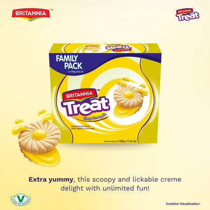 Britannia Treat Pineapple Flavored Sandwich Biscuits | Family Pack 500gm | Delicious Snack For Everybody