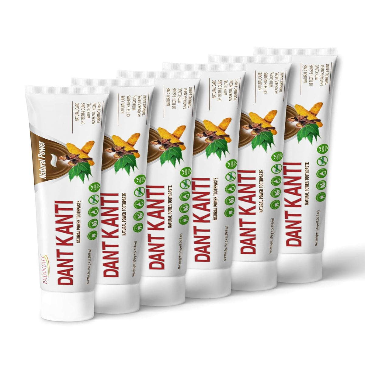 Patanjali Dant Kanti Natural Toothpaste 150 g / 5.29 fl oz | Herbal Ayurvedic Fluoride‑Free Toothpaste for Strong Teeth & Healthy Gums – Fresh Herbal Flavor - (Pack of 6)
