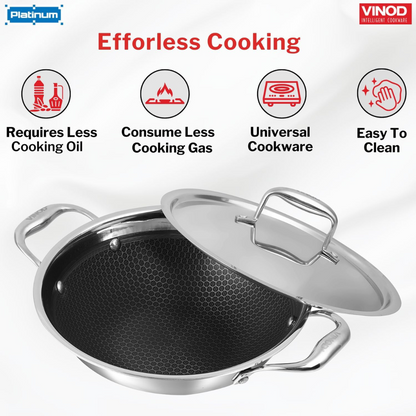 Vinod SAS Pro Platinum Triply Stainless Steel Non Stick Kadhai with Lid - 108 oz , 10.14 inches | Ceramic Coating | Honeycomb Design Induction Base - 5 Year Warranty