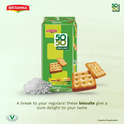 Britannia 50-50 Maska Chaska Biscuits Family Pack Buttery Masala Flavor Light & Crispy Tea-Time Snack 21.2oz (600g) Pack of 2