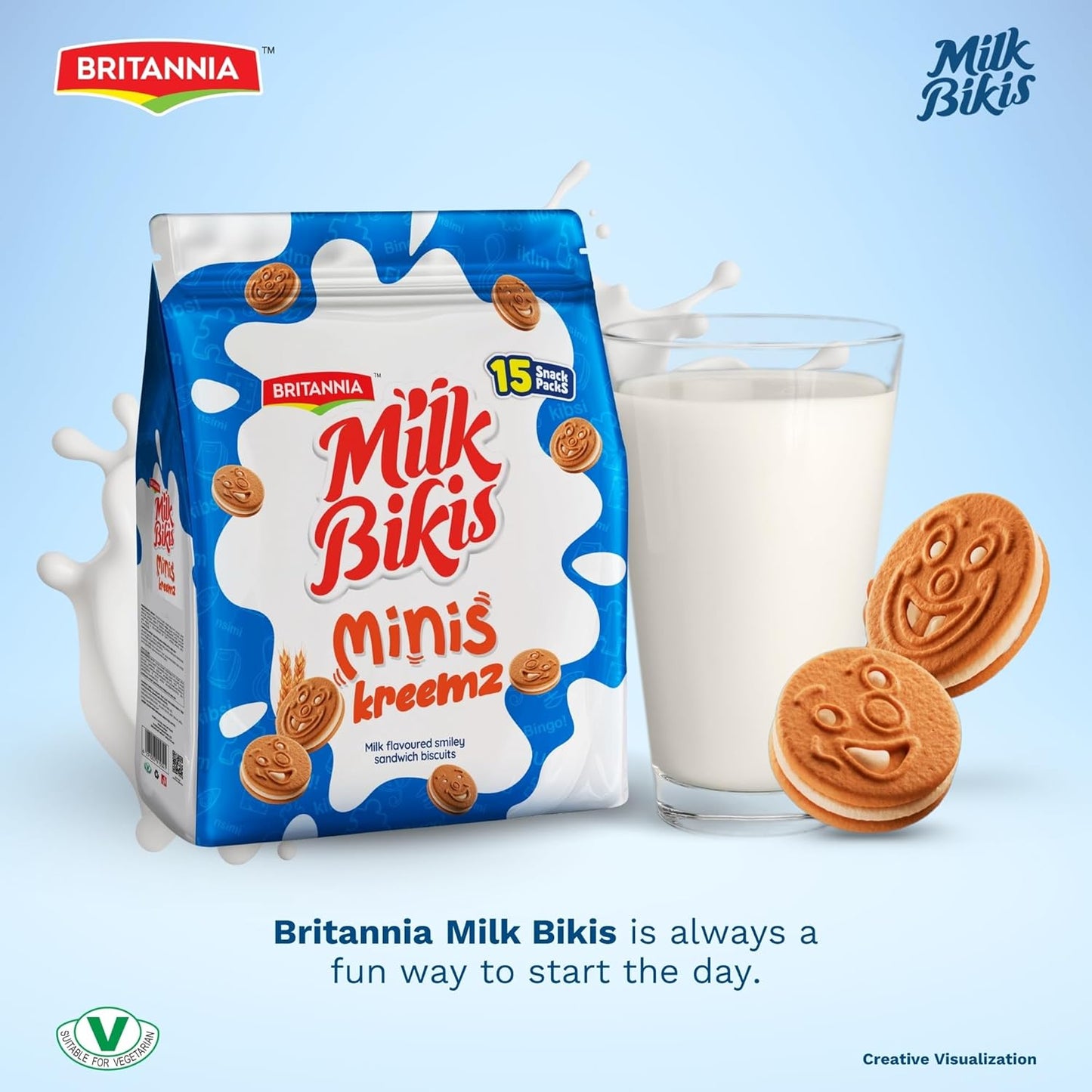 Britannia Milk Bikis Minis Kreemz Biscuits, 200g (7.05 oz) – Milk Flavored Smiley Sandwich Cookies,Kids Treat
