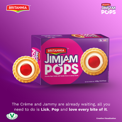 Britannia Treat Jimjam Pops Cream-Filled Cookies with Fruity Jam Center | Pack- 420GM(6*70gm) | Fun Snack for Kids & Adults