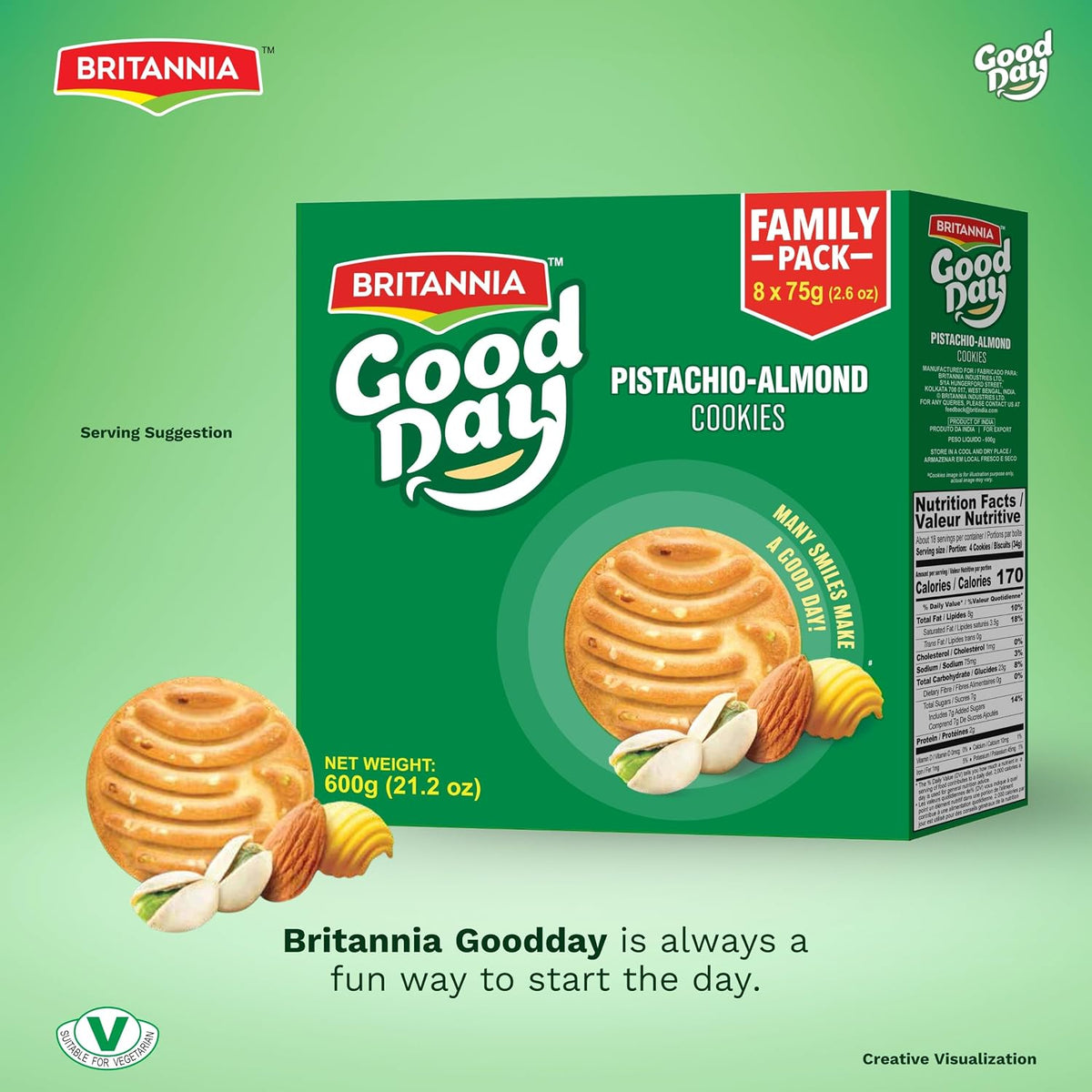 Britannia Good Day Pistachio Almond Cookies Value Pack, 21.16 oz (600g) – Crunchy Nutty Biscuits, Perfect Tea-Time & Anytime Snack