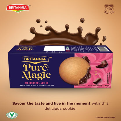 Britannia Pure Magic ChocoLush Biscuits | Pack- 69GM | Crunchy Chocolate Cookies with Smooth Choco Filling | Perfect Snack for Kids & Adults