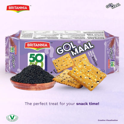 Britannia 50-50 Golmaal Biscuits Tangy Masala Flavor Light & Crispy Snack Perfect for Tea-Time 3.52oz (100g) Pack of 4