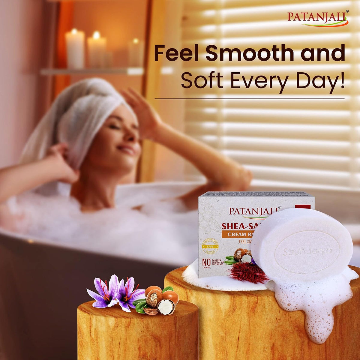 Patanjali Shea Saffron Cream Bath Bar Soap 125g | Moisturizing Body Cleansing Bar | Pack of 4