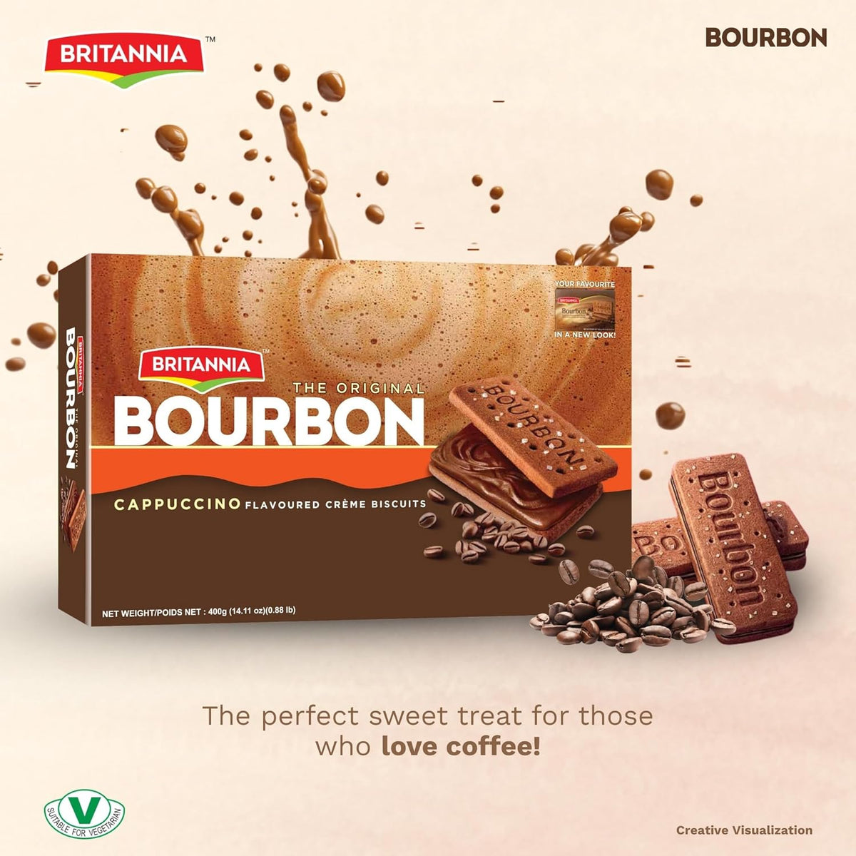 Britannia Bourbon The Original Cappuccino Crème Biscuits Smooth Chocolate Cappuccino Cream Filling Crunchy Tea-Time Snack with Sugar Crystals 3.52oz (100g) Each Pack of 6