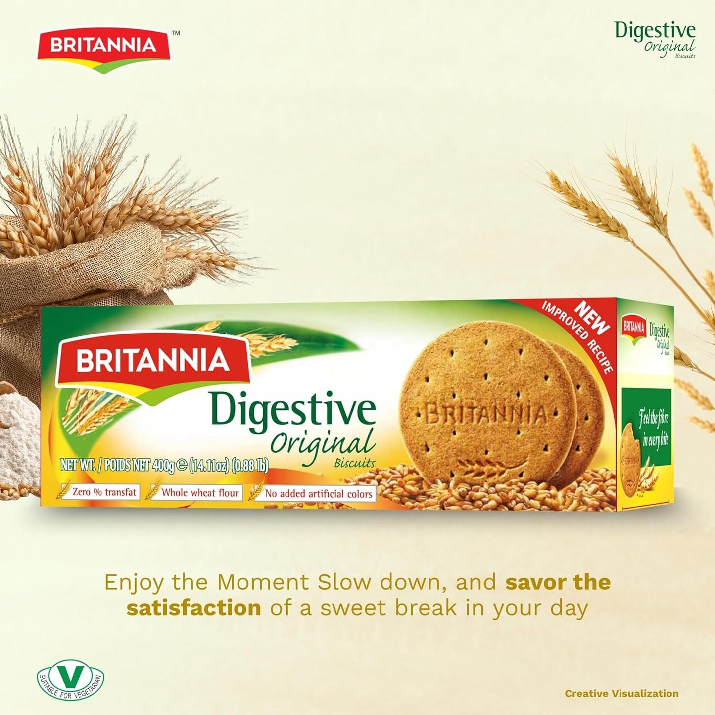 Britannia Digestive High-Fiber Biscuits Healthy Whole Wheat Cookies No Added Sugar Crisp Tea Time Snack 14.11oz (400g)
