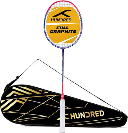 HUNDRED Powertek 1000 PRO Graphite Strung Badminton Racket with Full Racket Cover | for Intermediate Players | 95 Grams | Maximum String Tension - 26lbs