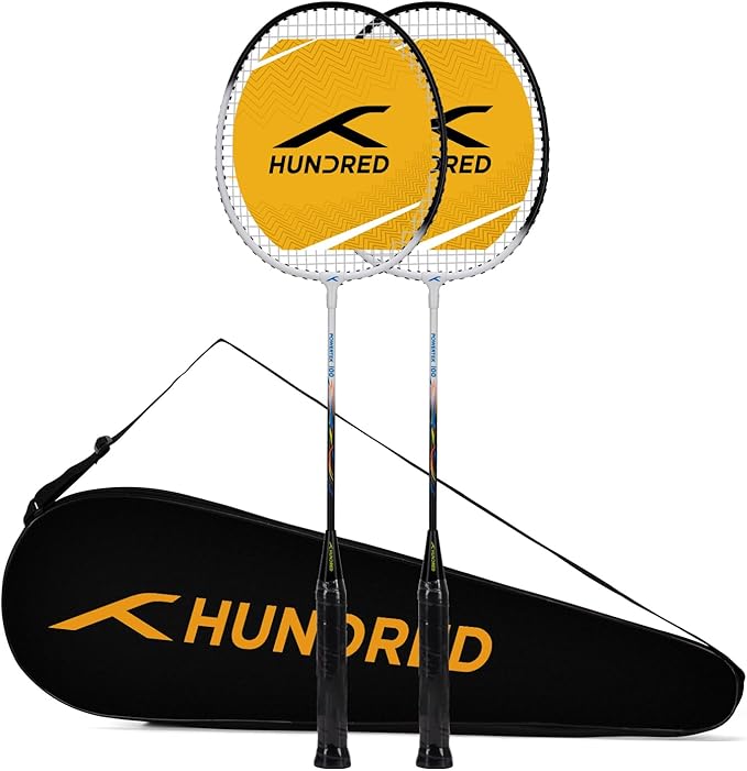 Hundred Powertek 100 (Set of 2) Badminton Racquet with Full Cover (Size: Standard, Grip Size: G5) | Strung | Material: Aluminium | Maximum Tension: 16-18lbs | for Intermediate Player