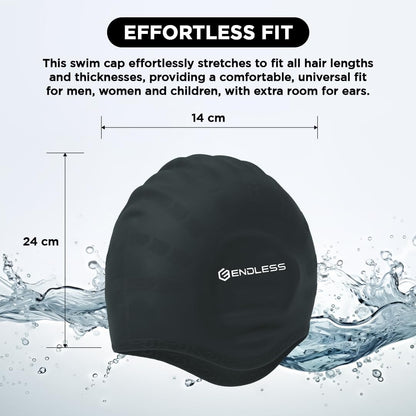 Endless EL1023 Comfortable Silicon Swimming Cap with Ergonomic Ear Pockets | Fully Elastic Waterproof Cap for Long and Short Hair with Thicker Edge | For Adults, Women and Men| Size: Free Size | Material : Silicon