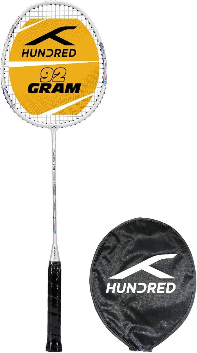 HUNDRED Powertek 200 PRO Badminton Racquet with Head Cover | Strung | Material: Aluminium | for Intermediate Players | 95 Grams | Maximum String Tension: 18-20lbs