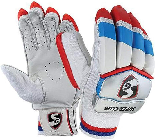 SG Super Club Batting Gloves | White | Men's size| Leather, Cotton, PVC, TPU | Men | Comfortable Fit | Durable Material | Breathable | Adjustable | High Protection