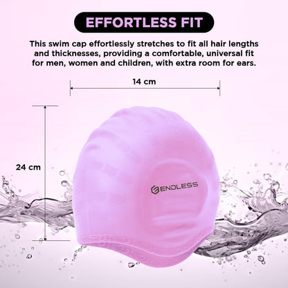 Endless EL1023 Comfortable Silicon Swimming Cap with Ergonomic Ear Pockets | Fully Elastic Waterproof Cap for Long and Short Hair with Thicker Edge | For Adults, Women and Men| Size: Free Size | Material : Silicon