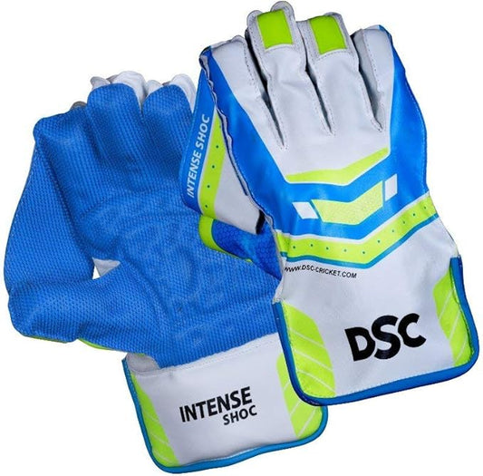 DSC Intense Shoc Cricket Wicket Keeping Gloves | Color: White-Blue | Size: Youth | Material: Polyvinyl Chloride | Use for Wicket Keeping & Batting | Cotton Lining Cuffs | Rubber Grip in Palm Facing