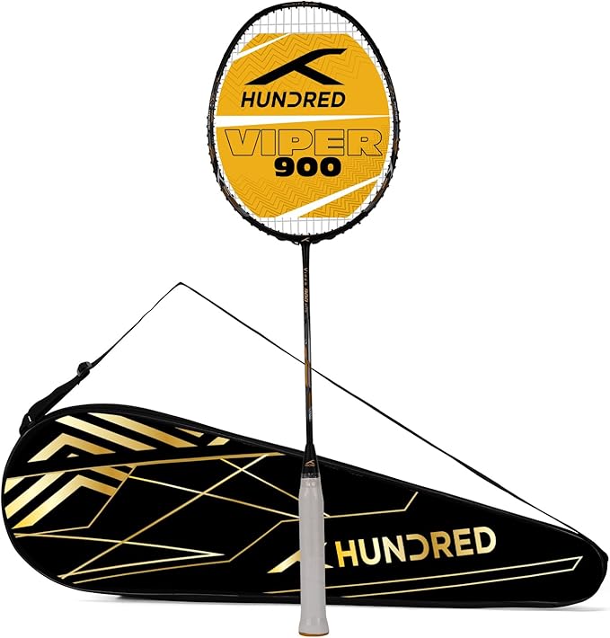 HUNDRED Viper 900 Badminton Racquet with Full Cover | Material: Carbon Fibre | Strung | For Intermediate Players | 79 grams | Balance Point: 298 mm | Maximum String Tension:32lbs