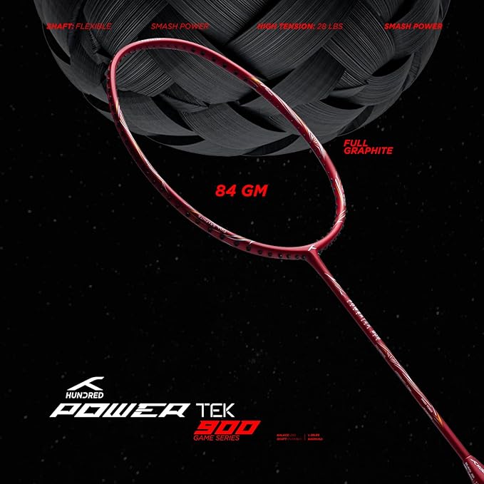 Hundred POWERTEK 900 Badminton Racquet with Cover (Grip Size: 3 1/4 inches) | Strung | Material: Full Graphite | for Intermediate Player | 84 Grams | Maximum String Tension: 26lbs