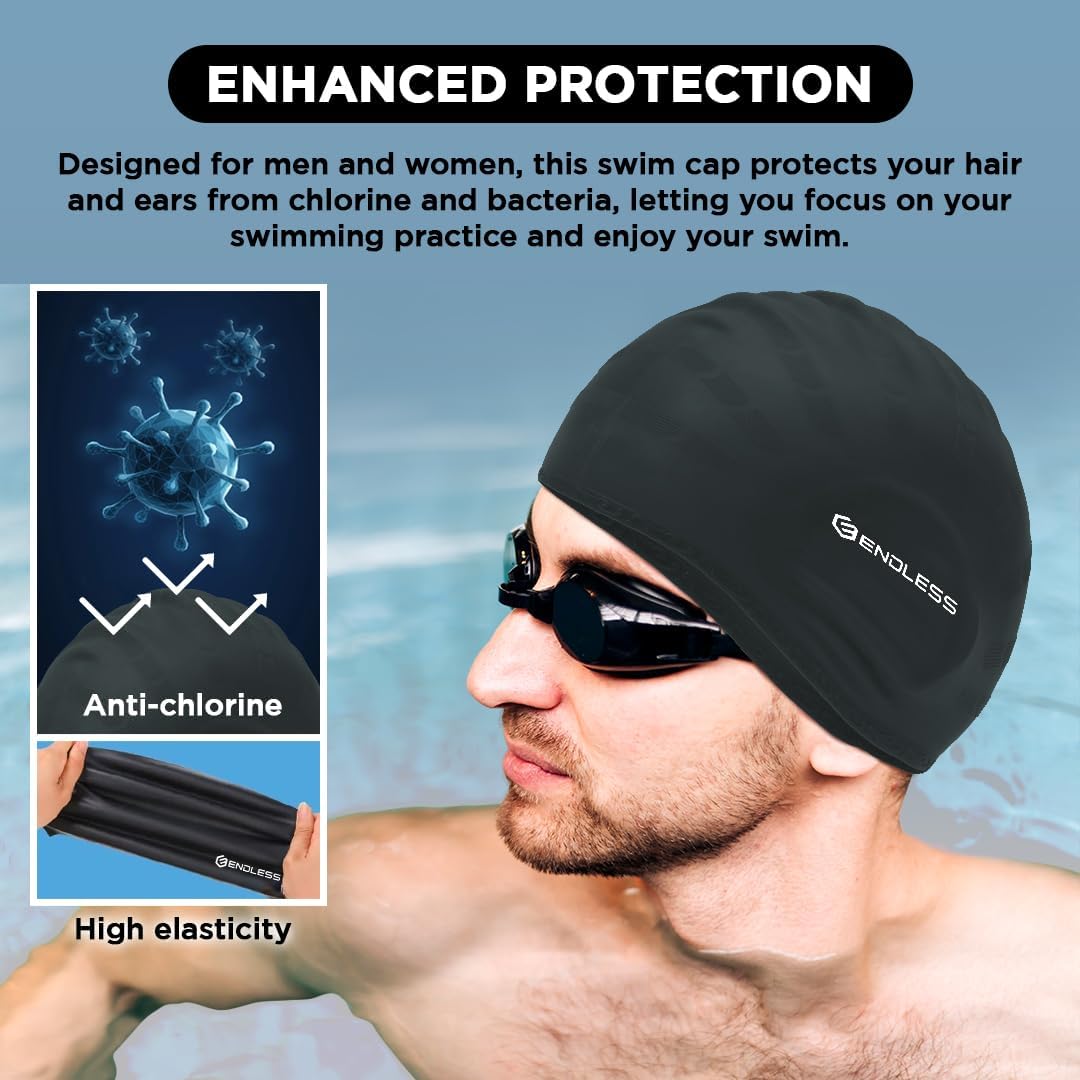 Endless EL1023 Comfortable Silicon Swimming Cap with Ergonomic Ear Pockets | Fully Elastic Waterproof Cap for Long and Short Hair with Thicker Edge | For Adults, Women and Men| Size: Free Size | Material : Silicon