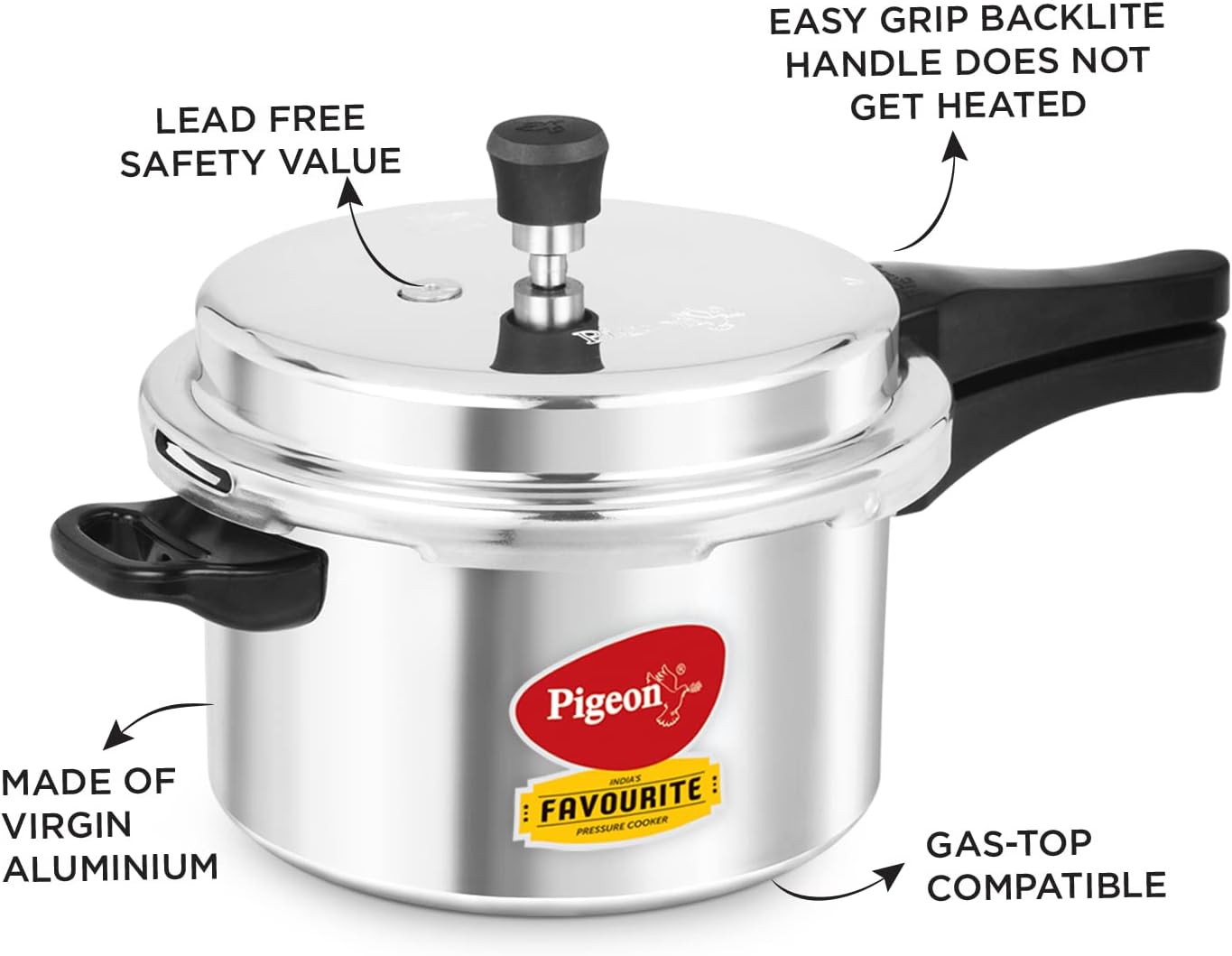 Pigeon by Stovekraft Favourite Non-induction Base Aluminium Outer Lid Pressure Cooker, 5 Litres, Silver