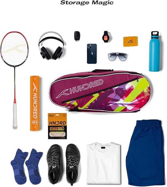 HUNDRED Ideal Badminton and Tennis Racquet Kit Bag | Material: Polyester | Double Compartment with Side Pouch | Easy-Carry Handle | Padded Back Straps | Front Zipper Pocket