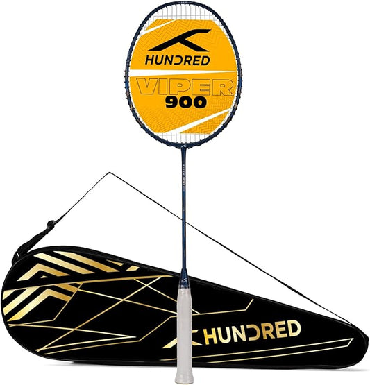 HUNDRED Viper 900 Badminton Racquet with Full Cover | Material: Carbon Fibre | Strung | For Intermediate Players | 79 grams | Balance Point: 298 mm | Maximum String Tension:32lbs