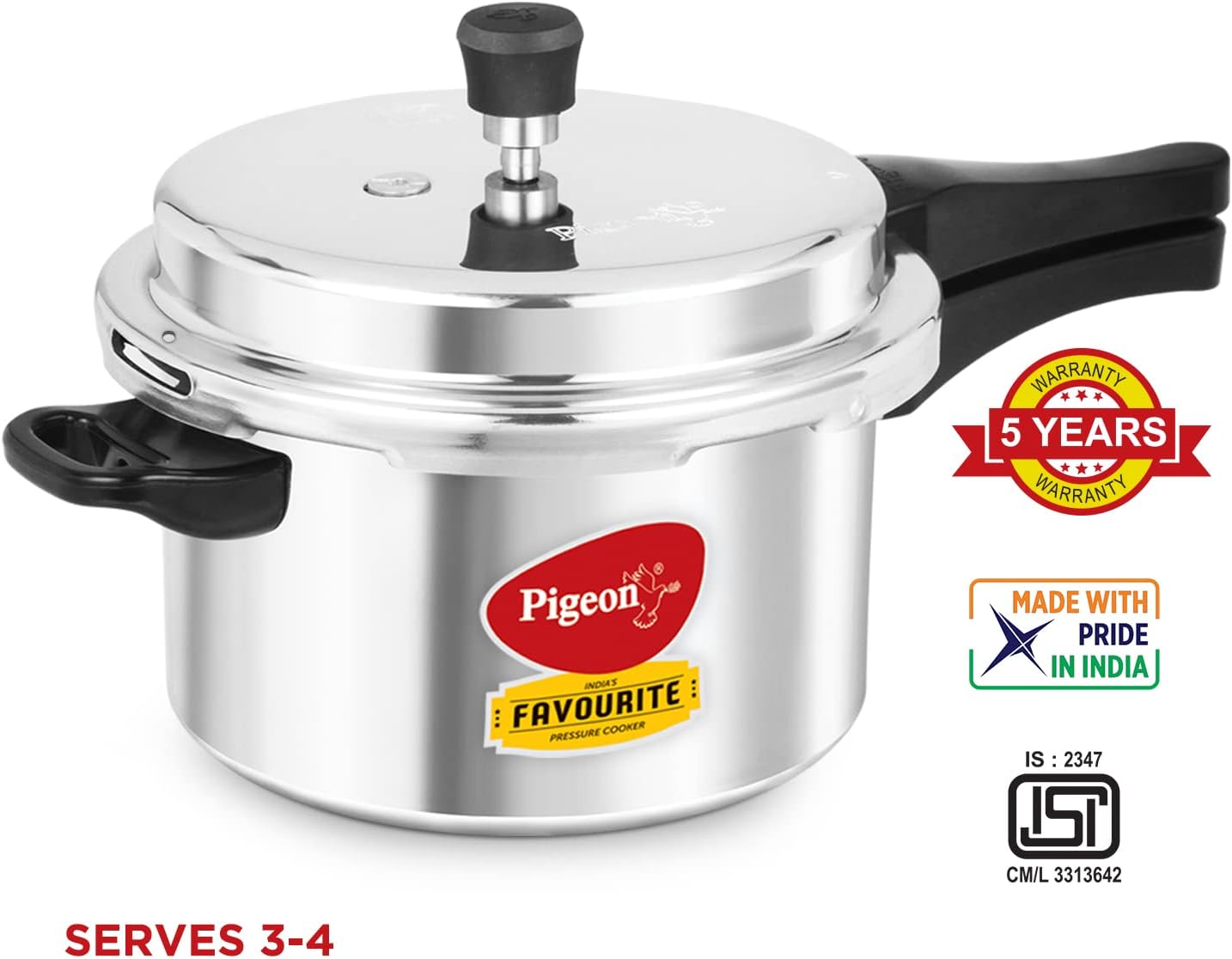 Pigeon by Stovekraft Favourite Non-induction Base Aluminium Outer Lid Pressure Cooker, 5 Litres, Silver