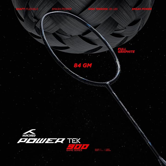 Hundred POWERTEK 900 Badminton Racquet with Cover (Grip Size: 3 1/4 inches) | Strung | Material: Full Graphite | for Intermediate Player | 84 Grams | Maximum String Tension: 26lbs