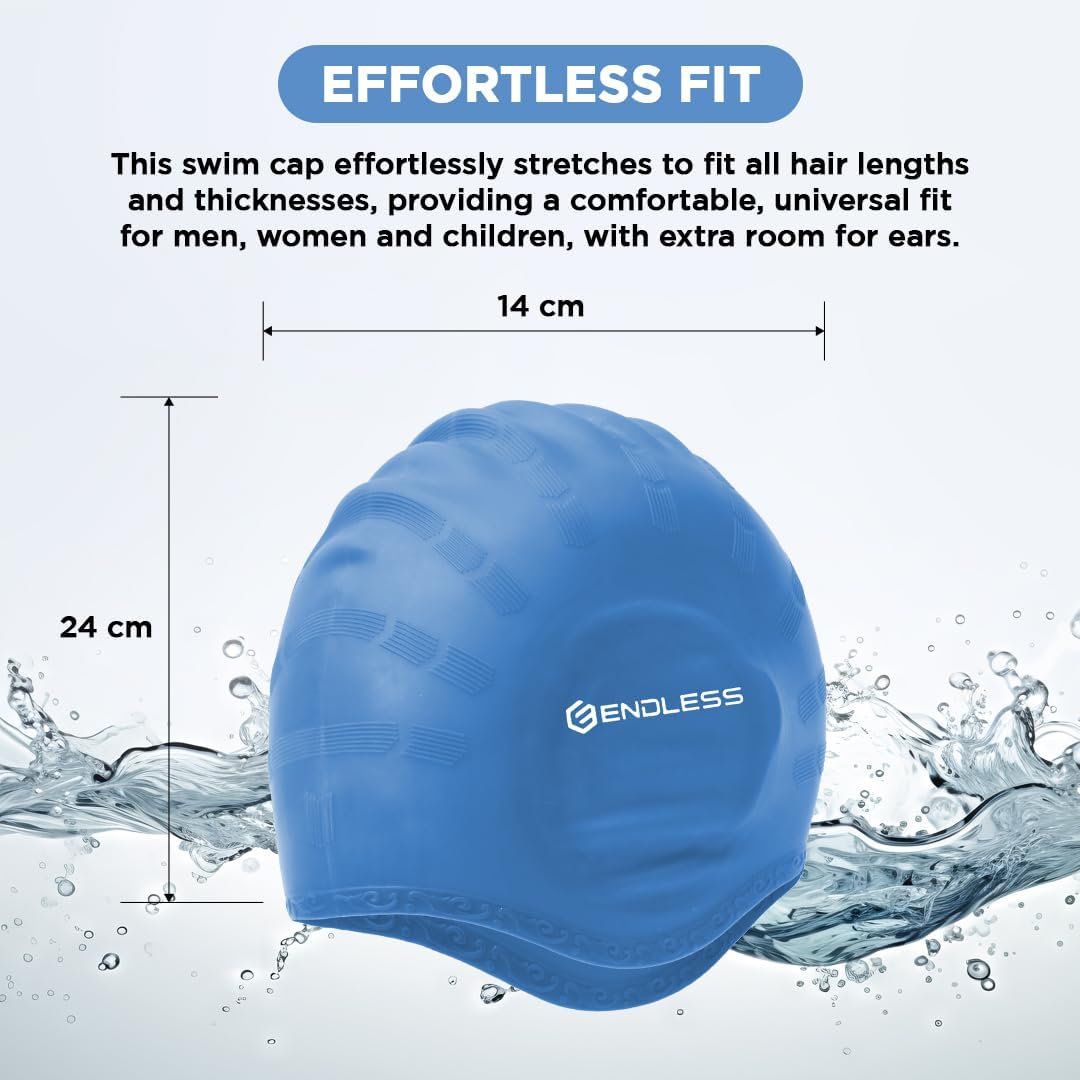 Endless EL1023 Comfortable Silicon Swimming Cap with Ergonomic Ear Pockets | Fully Elastic Waterproof Cap for Long and Short Hair with Thicker Edge | For Adults, Women and Men| Size: Free Size | Material : Silicon