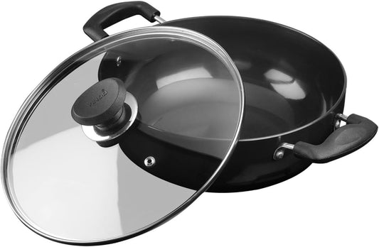 Vinod Black Pearl Hard Anodised Non Stick Deep Kadhai with Glass Lid -139 oz , 10.14 inches | 3.25mm Thickness | kadai for Cooking | Metal Spoon Friendly | 2 Year Warranty