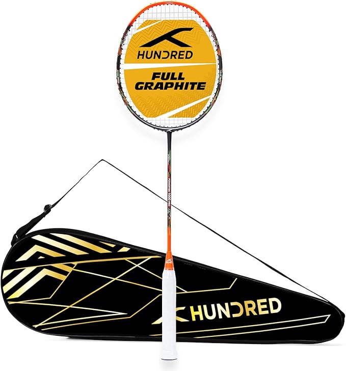 HUNDRED Powertek 1000 PRO Graphite Strung Badminton Racket with Full Racket Cover | for Intermediate Players | 95 Grams | Maximum String Tension - 26lbs