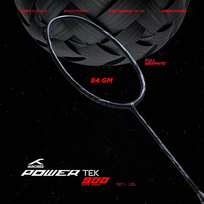 Hundred POWERTEK 900 Badminton Racquet with Cover (Grip Size: 3 1/4 inches) | Strung | Material: Full Graphite | for Intermediate Player | 84 Grams | Maximum String Tension: 26lbs