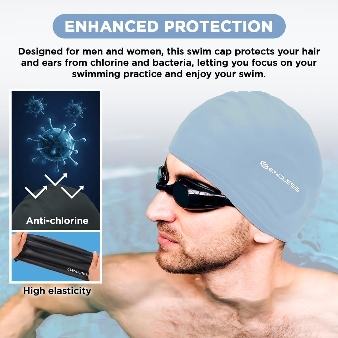 Endless EL1023 Comfortable Silicon Swimming Cap with Ergonomic Ear Pockets | Fully Elastic Waterproof Cap for Long and Short Hair with Thicker Edge | For Adults, Women and Men| Size: Free Size | Material : Silicon