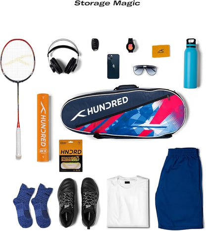 HUNDRED Ideal Badminton and Tennis Racquet Kit Bag | Material: Polyester | Double Compartment with Side Pouch | Easy-Carry Handle | Padded Back Straps | Front Zipper Pocket