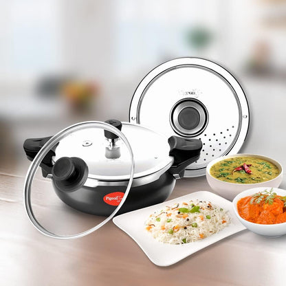 Pigeon 3.2 Quart All-In-One Super Cooker - Steamer, Cooking Pot, Pressure Cooker, Dutch Oven - For All Cooktops - Quick Cooking of Meat, Soup, Rice, Beans, Idli & more, Hard Anodized, (3 Liters)