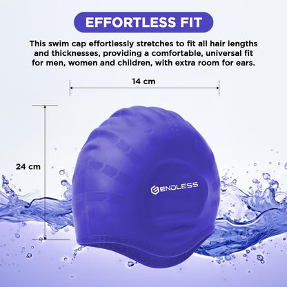 Endless EL1023 Comfortable Silicon Swimming Cap with Ergonomic Ear Pockets | Fully Elastic Waterproof Cap for Long and Short Hair with Thicker Edge | For Adults, Women and Men| Size: Free Size | Material : Silicon