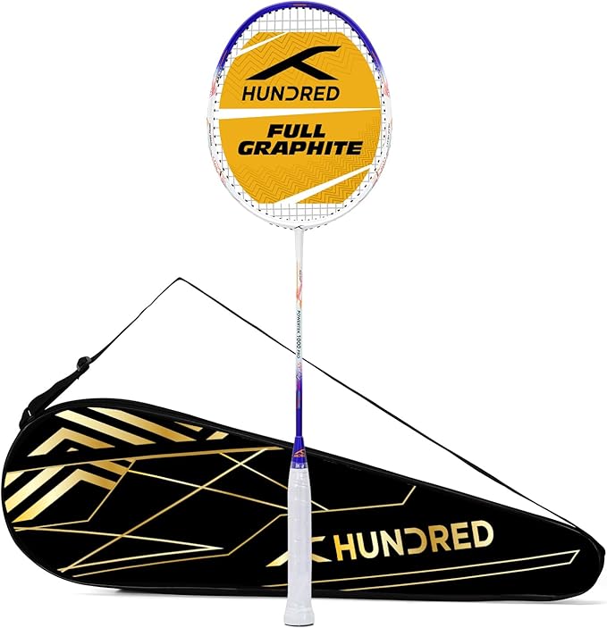 HUNDRED Powertek 1000 PRO Graphite Strung Badminton Racket with Full Racket Cover | for Intermediate Players | 95 Grams | Maximum String Tension - 26lbs