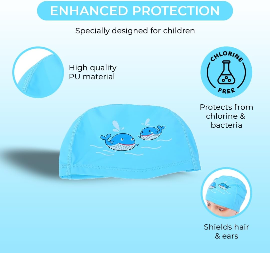 Endless EL1017 Comfortable PU Swimming Cap with Cartoon Design for Kids| Elastic Waterproof Swimming Cap for Long and Short Hair with Thicker Edge| Size: Kid's Size| Material : PU