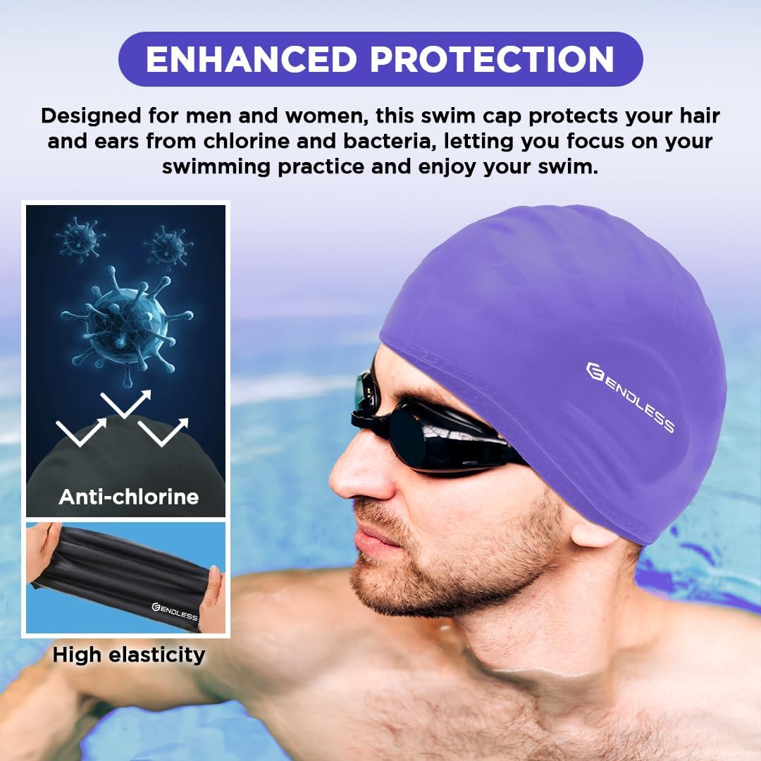 Endless EL1023 Comfortable Silicon Swimming Cap with Ergonomic Ear Pockets | Fully Elastic Waterproof Cap for Long and Short Hair with Thicker Edge | For Adults, Women and Men| Size: Free Size | Material : Silicon