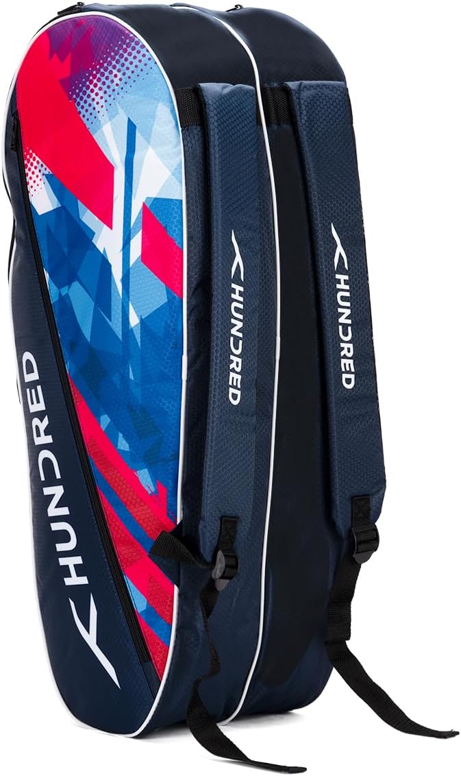 HUNDRED Ideal Badminton and Tennis Racquet Kit Bag | Material: Polyester | Double Compartment with Side Pouch | Easy-Carry Handle | Padded Back Straps | Front Zipper Pocket