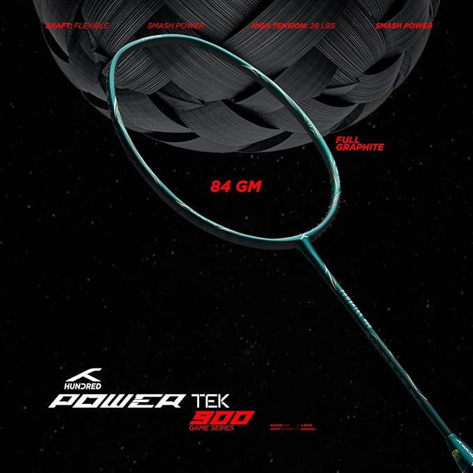 Hundred POWERTEK 900 Badminton Racquet with Cover (Grip Size: 3 1/4 inches) | Strung | Material: Full Graphite | for Intermediate Player | 84 Grams | Maximum String Tension: 26lbs