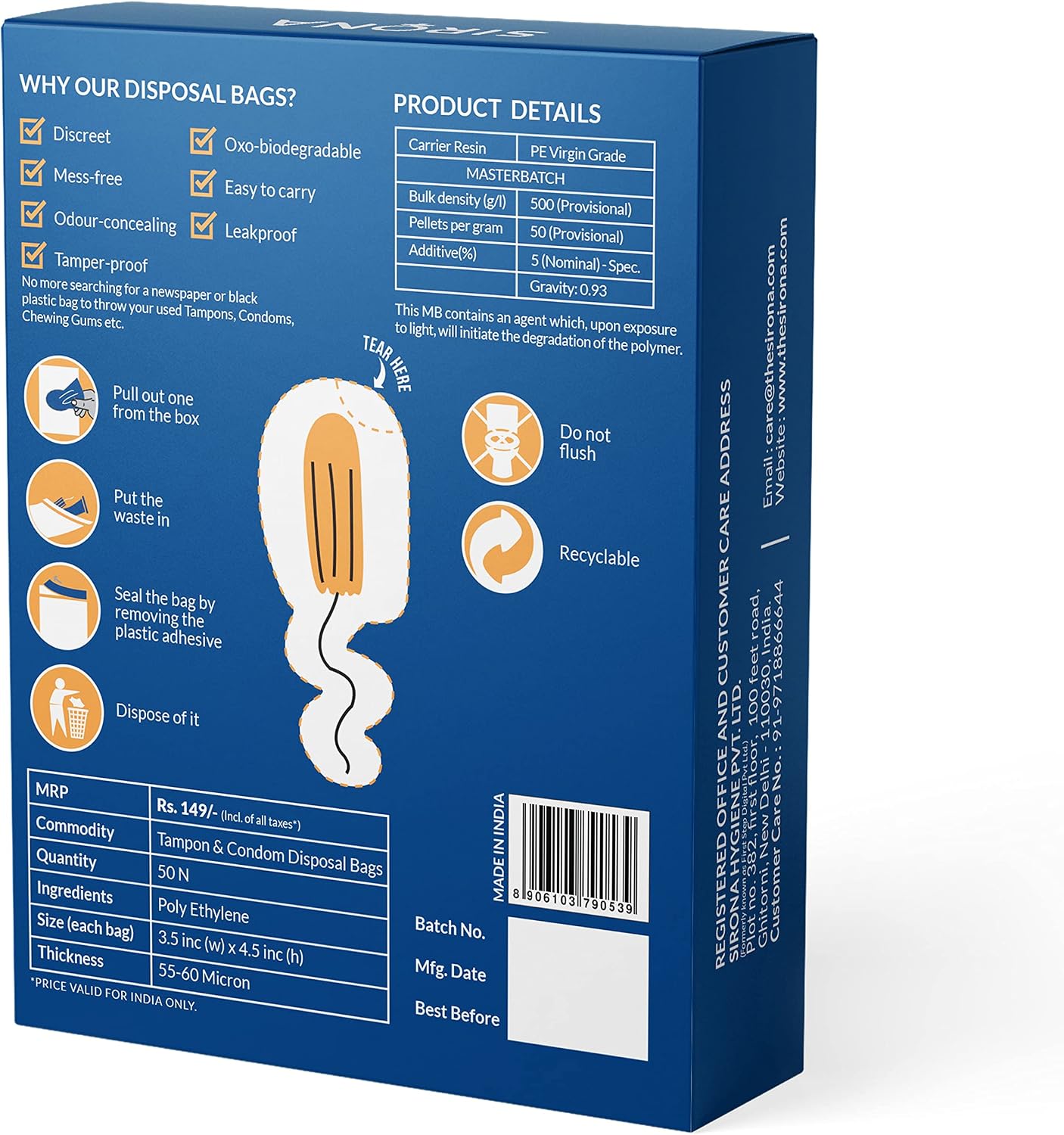 Sirona Condom & Tampon Disposal Bags | Leak-Proof, Odor-Locking Opaque Bags | Discreet Sanitary Disposal Bags for Tampons, Condoms & Small Personal Waste