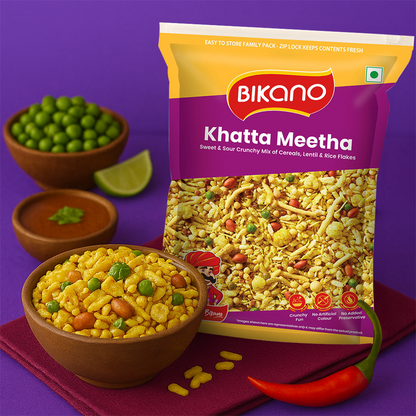 Bikano Khatta Meetha Mixture | Sweet & Spicy Indian Snack | Crispy Namkeen with Tangy Flavor | Tea-Time Snack | 350g Pack