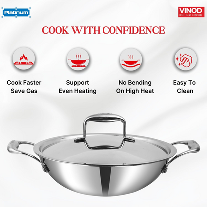 Vinod SAS Pro Platinum Triply Stainless Steel Non Stick Kadhai with Lid - 108 oz , 10.14 inches | Ceramic Coating | Honeycomb Design Induction Base - 5 Year Warranty