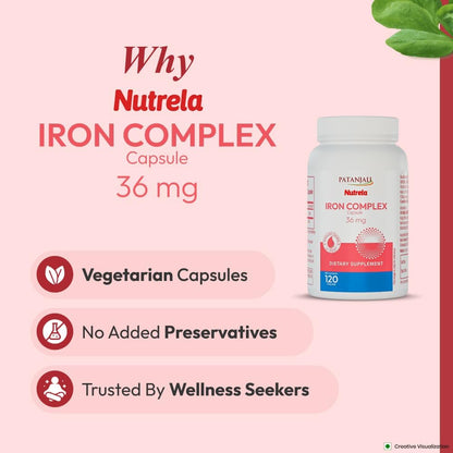 Patanjali Nutrela Iron Complex 36mg - Energy & Vitality Support Supplement - Mineral Formula for Men & Women - 120 Vegetarian Capsule