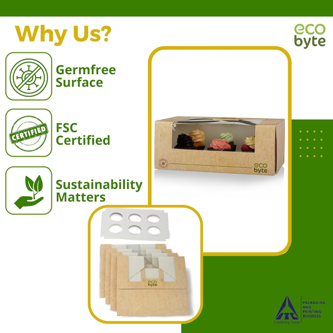 EcoByte ITC Cupcake Box with Window & Inserts | 10x6x4 Inch | Pack of 20 | Cupcake Transport Box for Parties, Gifting, or Bakery Displays | Sturdy and Presentable