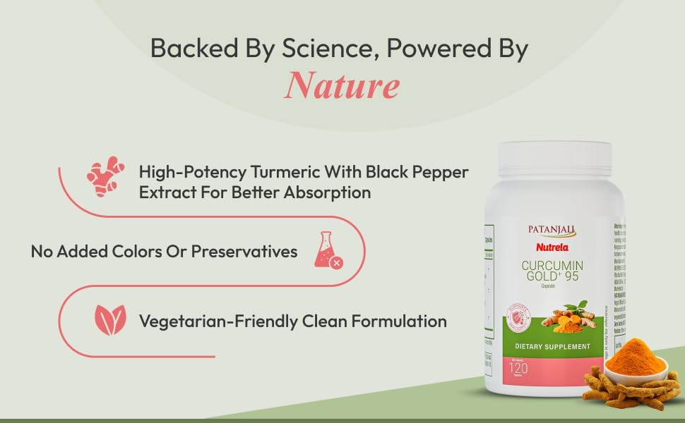 Patanjali Nutrela Curcumin Gold+ with Salai Guggul & Black Pepper - 95% Curcuminoids Turmeric Supplement - Joint Support & Inflammation Relief - 120 Vegetarian Capsules