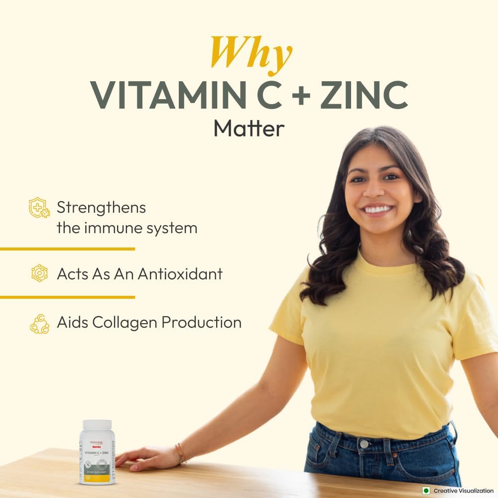 Patanjali Nutrela Vitamin C + Zinc - Natural Immune Support Supplement  - Antioxidant & Immunity Booster - 120 Vegetarian Capsules